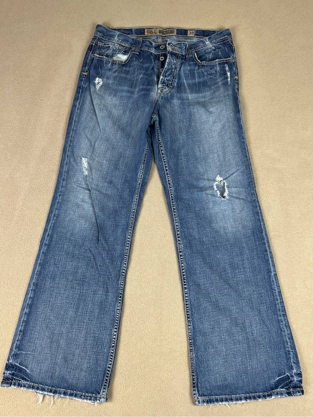 BKE Tyler Relaxed Fit Jeans, 100% Cotton. Straight Leg. Distressed. Sz 33x32